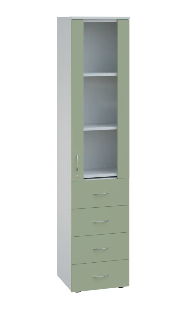 LE - 44 skříň léková prosklená, pravá, korpus bílý, dvířka šedo-zelinkavá